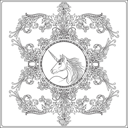 Unicorn in vintage decorative floral mandala frame. Vector illustration. Coloring book for adult and older children. Outline drawing coloring page.のイラスト素材