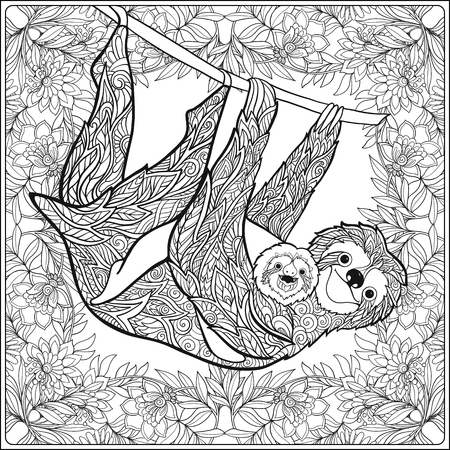 Coloring page with lovely sloth in forest. Coloring book for adult and older children. Vector illustration. Outline drawing.のイラスト素材