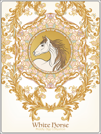 Horse in vintage decorative floral mandala frame. Vector illustration. Good for greeting card for birthday, invitation or bannerのイラスト素材