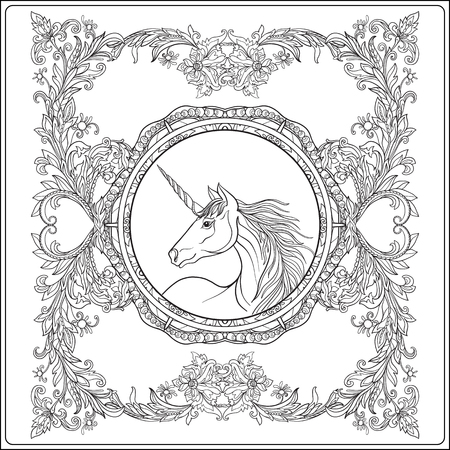 Unicorn in vintage decorative floral mandala frame. Vector illustration. Coloring book for adult and older children. Outline drawing coloring page.のイラスト素材