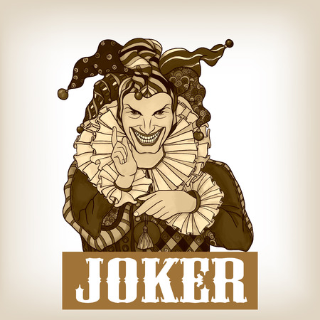 Joker playing card design. Men in joker costume. Colored vector illustration.のイラスト素材