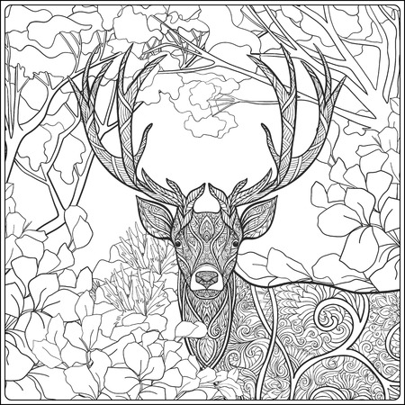 Coloring page with deer in forest. Coloring book for adult and older children. Vector illustration. Outline drawing.のイラスト素材