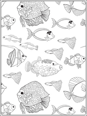Pattern with decorative corals and sea or aquarium fish. Vector illustration. Coloring book for adult and older children. Outline drawing coloring page.のイラスト素材