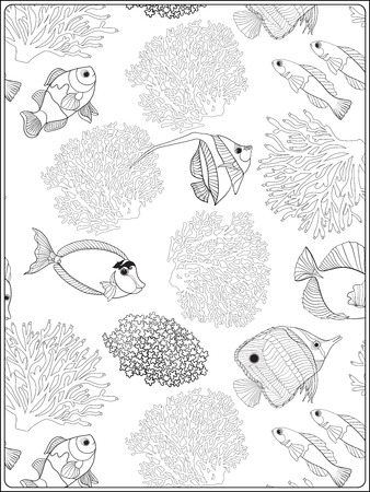 Pattern with decorative corals and sea or aquarium fish. Vector illustration. Coloring book for adult and older children. Outline drawing coloring page.のイラスト素材