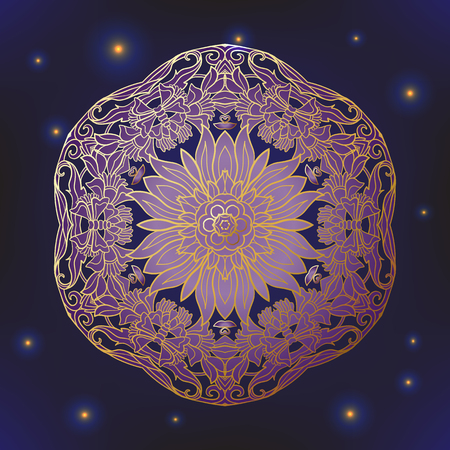 Decorative ornate Indian or Arabian round lace mandala. Snowflake. Vintage vector pattern. Invitation, wedding card, scrapbooking. Christmas card design. Gold over black. Colored vector illustration.のイラスト素材