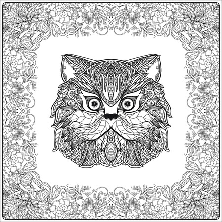 Decorative Cat on floral frame. Vector illustration.  Adult Coloring book. Coloring page. Vector illustration.のイラスト素材