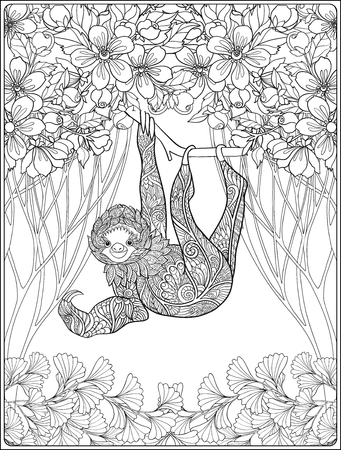 Coloring page with lovely sloth in forest. Coloring book for adult and older children. Vector illustration. Outline drawing.のイラスト素材