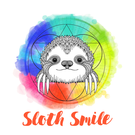 Sloth on background with sacred geometry symbol and rainbow watercolor background. Vector illustration. Sketch for tattoo, poster, print or t-shirt.のイラスト素材
