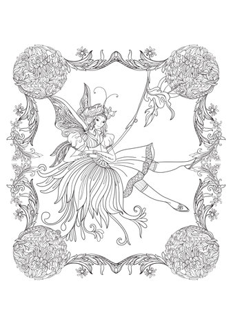 Fairy with butterfly wings on swing in decorative frame.のイラスト素材