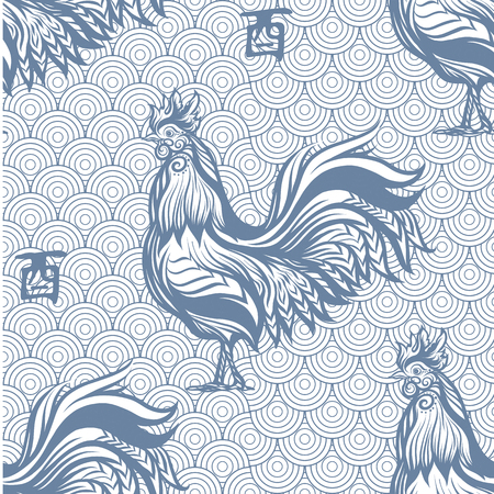 Seamless pattern with decorative Rooster in chinese style. Chinese New Year Symbol of 2017 New Year.のイラスト素材