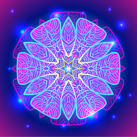Mandala sacred geometry symbol in neon colors.のイラスト素材