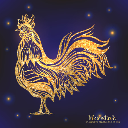Rooster. Chinese New Year Symbol 2017 New Year. Gold on black backgroundのイラスト素材