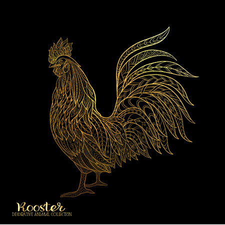 Rooster. Chinese New Year Symbol 2017 New Year. Gold on black backgroundのイラスト素材