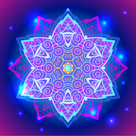 Mandala sacred geometry symbol in neon colors.のイラスト素材