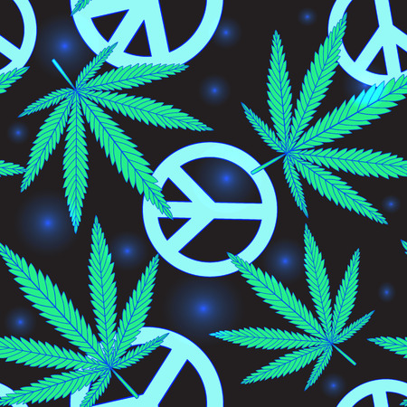 Cannabis leafs and peace symbol seamless pattern on blak background.のイラスト素材
