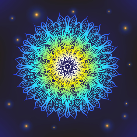 Deco Colored Mandala, Patterned Design Element, Ethnic Amulet. On space black background. Stock line illustration.のイラスト素材