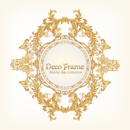 Medieval floral royal pattern with space for text. Decorative symmetry arabesque. Gold  white background. Good for greeting card for birthday, invitationのイラスト素材