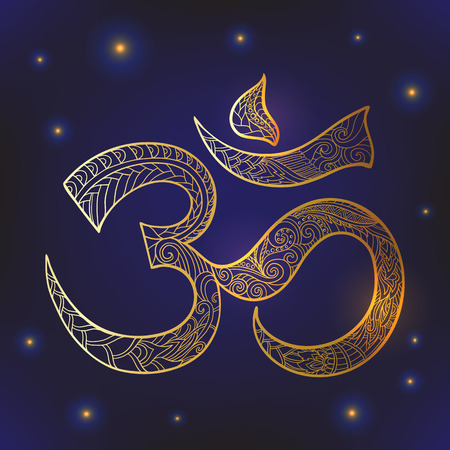 Ohm symbol, indian Diwali spiritual sign Om with high details isolated on white background, illustration in style. Adult coloring. . Gold on black backgroundのイラスト素材