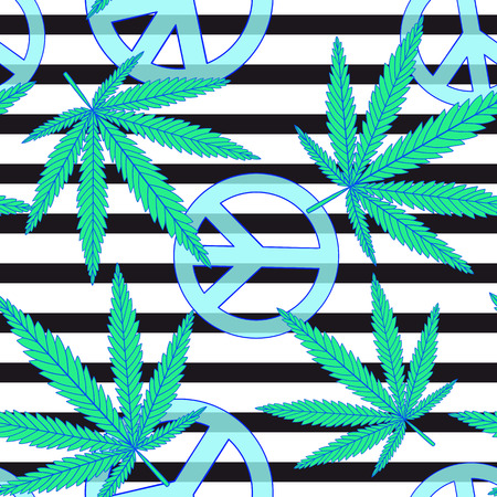 Cannabis leafs and peace symbol seamless pattern with white and black stripesのイラスト素材