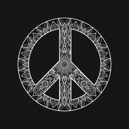 Decorative Peace symbol, hipster round pacifism sign, Black and white hipster Floral-grunge art design, Peace Hippie ornamental style. Peace image, Peace hipster icon. White on black backgroundのイラスト素材