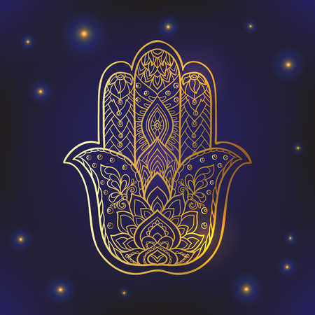 Indian drawn hamsa symbol with ethnic ornaments. Gold on black backgroundのイラスト素材