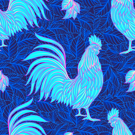 Seamless pattern with decorative Rooster. Chinese New Year Symbol of 2017 New Year. In neon colors
  illustration.のイラスト素材