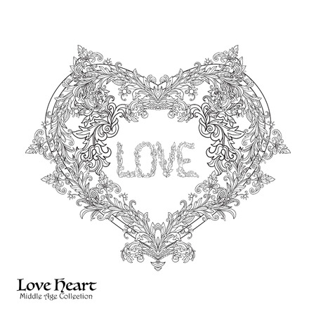 Decorative Love Heart in rococo, victorian, renaissance, baroque, royal style. Good for greeting card for birthday, invitation . illustration. Outline drawing. Coloring book for adult and older children. Outline drawing coloring page.のイラスト素材