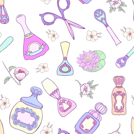 Set of Manicure: scissors, nail file, nail polish, liquid, perfume, lipstick, brush, flowers. Beauty salon set, hand care, nail care. Seamless patternのイラスト素材