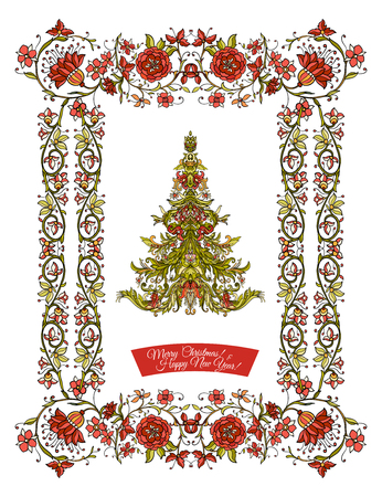 Decorative Christmas tree in the medieval-style frame. Good for greeting card for birthday, invitation or banner Stock line vector illustration.のイラスト素材