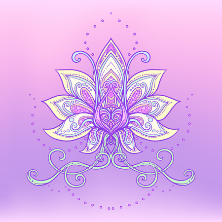 Vector ornamental Lotus flower, ethnic art, patterned Indian paisley. Hand drawn illustration. Tattoo, astrology, alchemy, boho and magic symbol.のイラスト素材