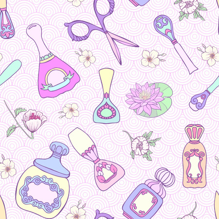 Set of Manicure: scissors, nail file, nail polish, liquid, perfume, lipstick, brush, flowers. Beauty salon set, hand care, nail care. Seamless patternのイラスト素材
