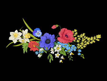 Embroidery vintage flowers bouquet of poppy, daffodil, anemoneのイラスト素材