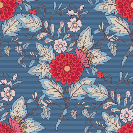 Floral seamless pattern, background with vintage style flowers  in red and blue colors.  Stock line vector illustration.のイラスト素材