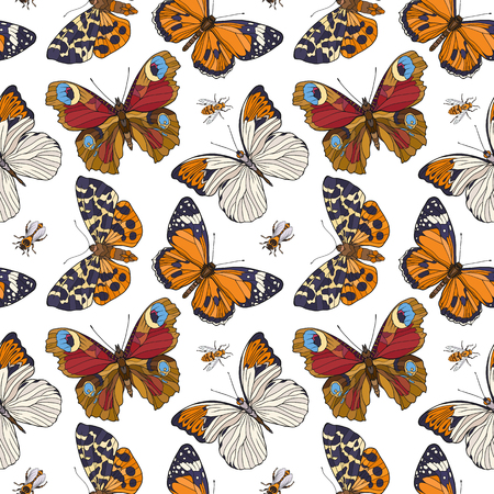 Butterflies and bees. Colorful seamless pattern, background.のイラスト素材