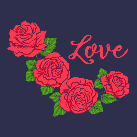 Embroidery with red roses on bllu jiens backgroundのイラスト素材