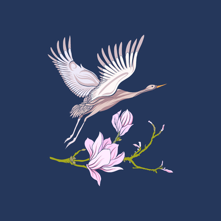 Flowers and crane on jeans background. Stock line vector illustrのイラスト素材