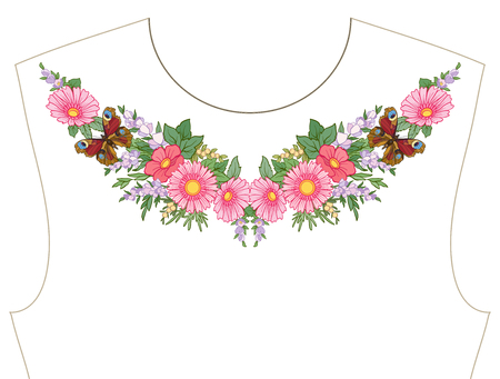 Embroidery for neckline, collar for T-shirt, blouse, shirt, Pattern of flowers and butterflies.のイラスト素材