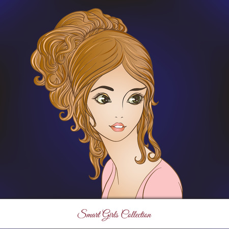 A young beautiful girl.  Colored portrait on dark background. Stock line vector illustration.のイラスト素材