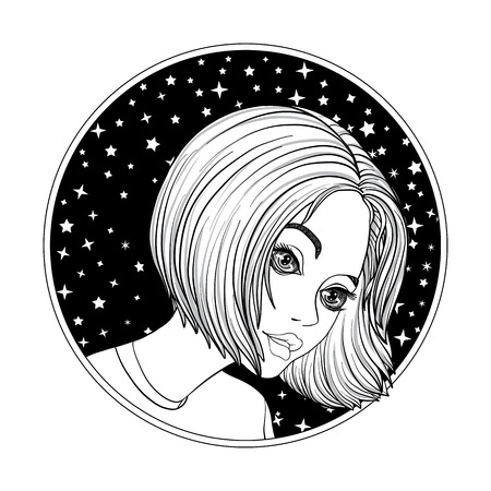 A young beautiful girl.  Monochrome portrait in a circle on a space background stock line vector illustration.のイラスト素材