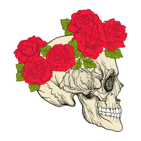 Human skull with a wreath of red poppies on the head.のイラスト素材