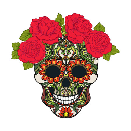 Sugar skull with decorative pattern and a wreath of red roses.のイラスト素材