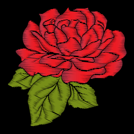 Embroidery red rose with green leaves on black background. Stockのイラスト素材