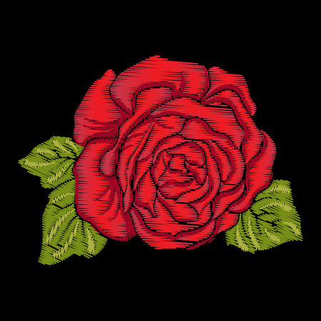 Embroidery red rose with green leaves on black background. Stockのイラスト素材
