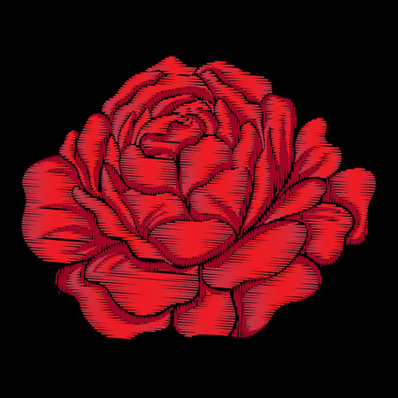 Embroidery red rose on black background. Stock line vector illusのイラスト素材