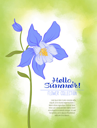A Columbine flower on a green watercolor background. The flowers in the botanical style, minimalistic design. Place for the inscription. Hello summer Stock line vector illustration.のイラスト素材