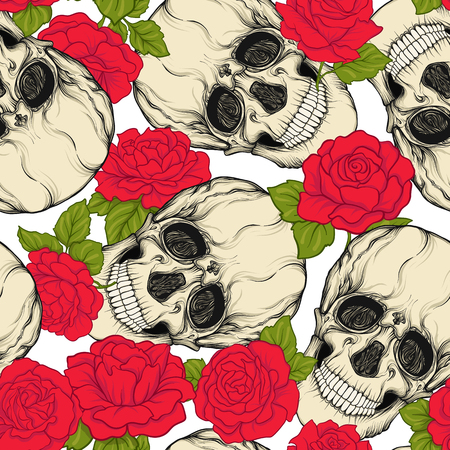 Seamless pattern, background with skull and red roses.のイラスト素材