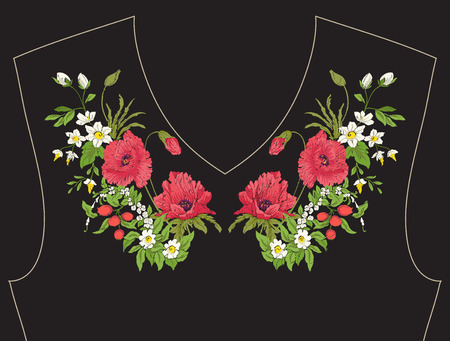 Embroidery. Embroidered design elements with summer bouquet in botanical style on a black background.のイラスト素材