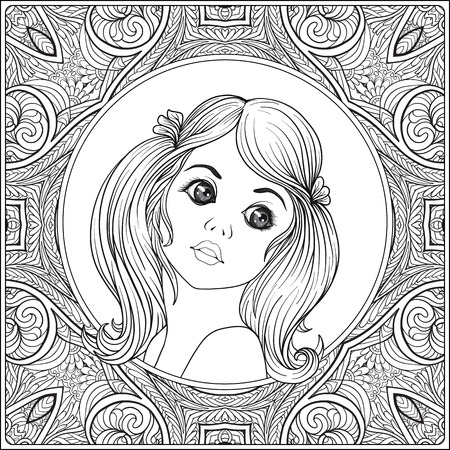 A young beautiful girl.  Portrait on a background of a pattern.のイラスト素材