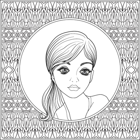 A young beautiful girl.  Portrait on a background of a pattern.のイラスト素材