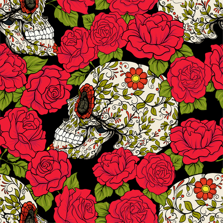 Seamless pattern, background with sugar  skull and red roses. Stock vector illustration.のイラスト素材